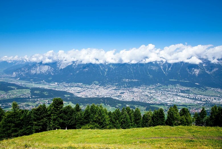 Sommerwiese auf einem Berg mit Blick auf Innsbruck