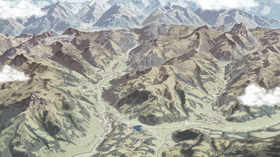 Die malerische Region Kitzbühel zeigt sich mit ihren markanten Bergen und kleinen Dörfern, die in der Landschaft verstreut sind.