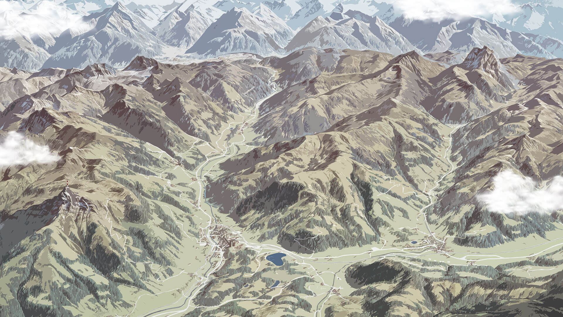 Die malerische Region Kitzbühel zeigt sich mit ihren markanten Bergen und kleinen Dörfern, die in der Landschaft verstreut sind.