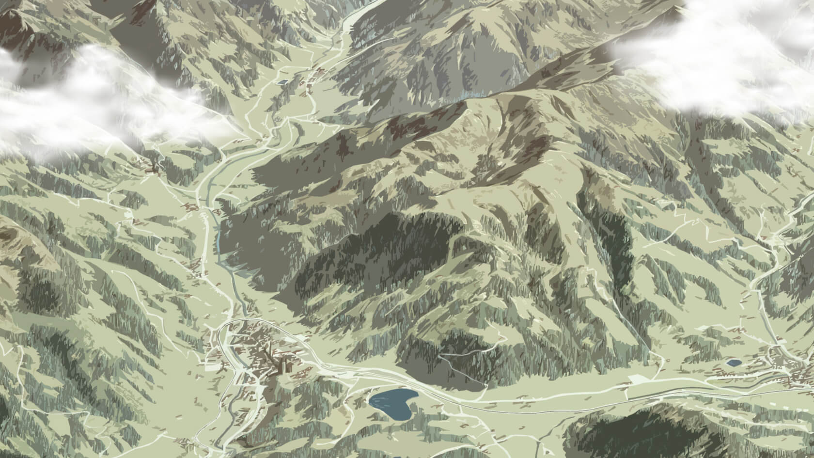 Eine weite Berglandschaft mit sanften Hügeln, bewaldeten Flächen und einem kleinen See, umgeben von Wolken.